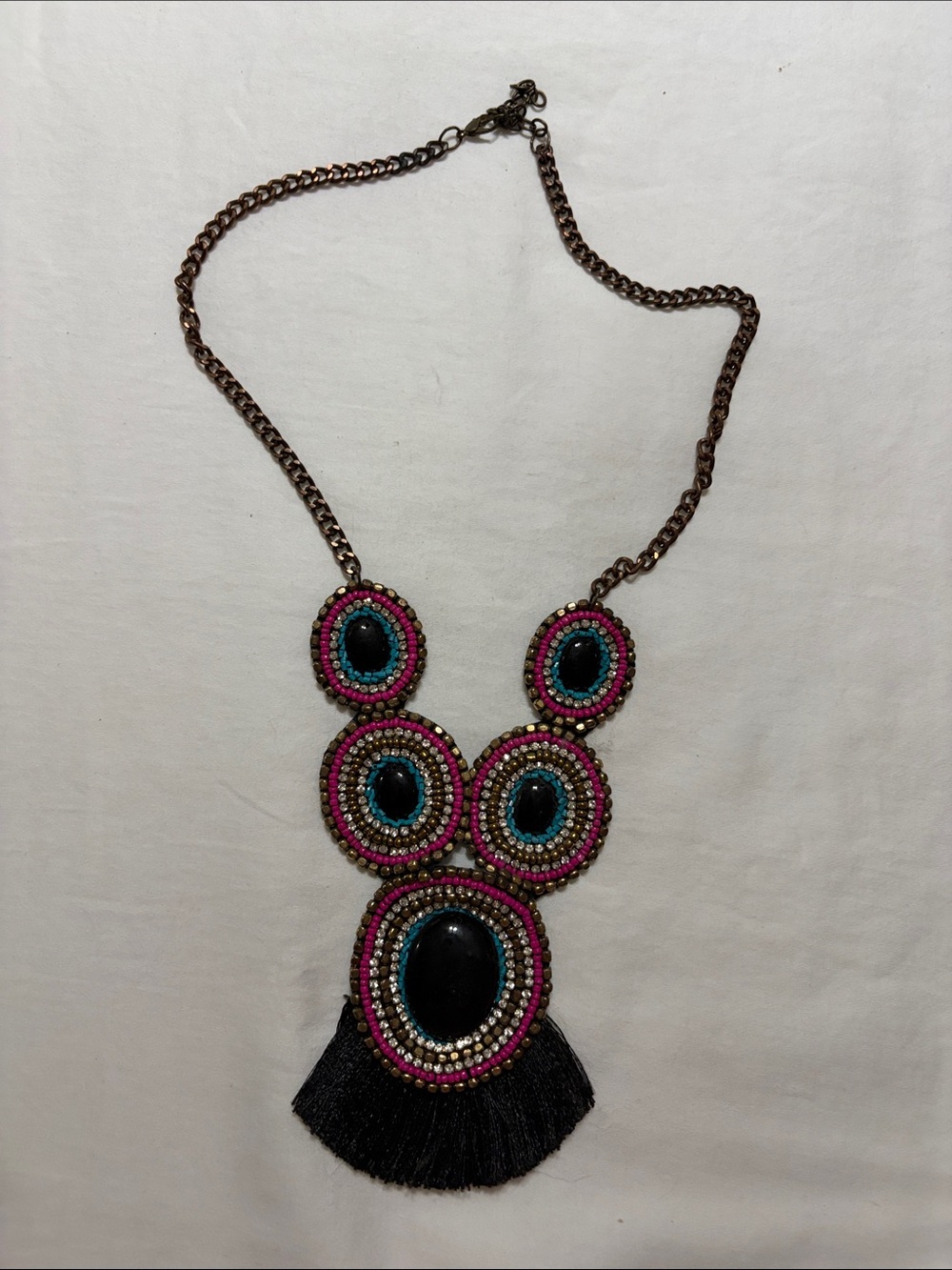 Beaded Pink & Black Statement Necklace with Tassel